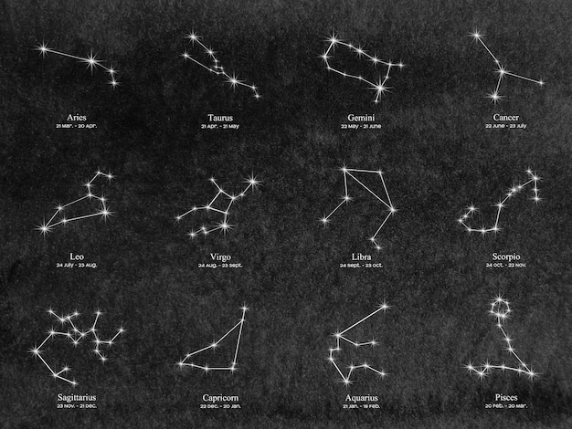 Plik wektorowy zestaw ikon akwarela zodiaku na czarnym ciemnym tle rysunek odręczny