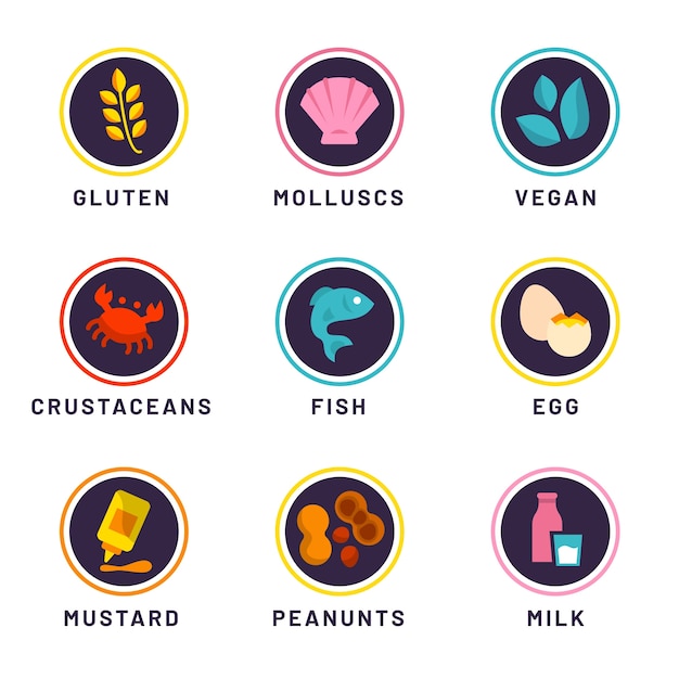 Plik wektorowy zestaw ikon alergii pokarmowej o płaskiej konstrukcji