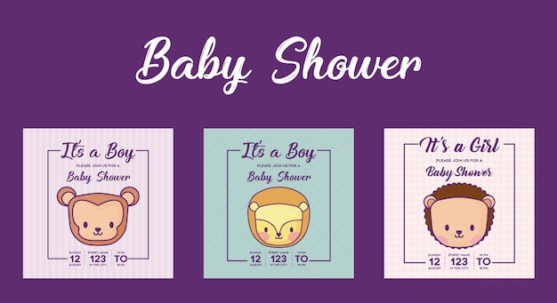 Zestaw Ikon Baby Shower Zaproszenia Z Uroczych Zwierzątek Na Fioletowym Tle, Kolorowy Design. Vecto
