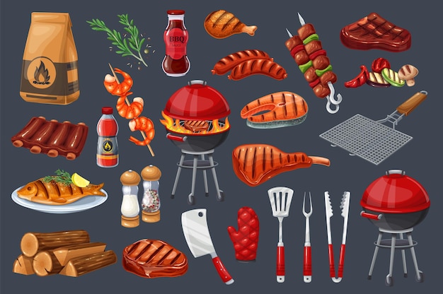 Plik wektorowy zestaw ikon bbq party, grill, grill lub piknik. łosoś z grilla, warzywa, kiełbasa stek z mięsa i krewetki. ilustracja wektorowa narzędzia do grillowania.