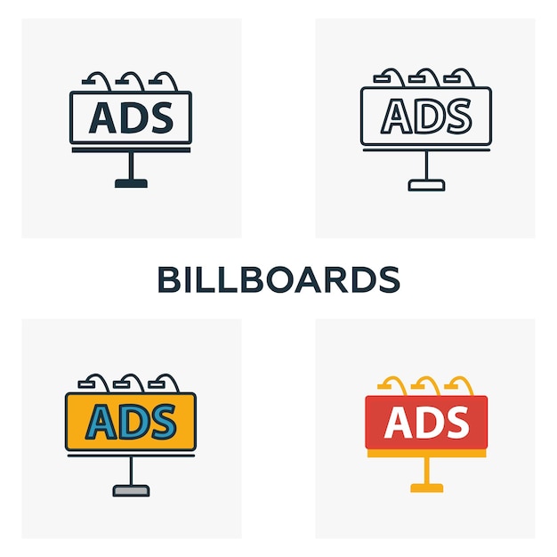 Zestaw Ikon Billboardów Cztery Elementy W Różnych Stylach Z Kolekcji Ikon Reklamowych Kreatywne Ikony Billboardów Wypełnione Konturem Kolorowe I Płaskie Symbole