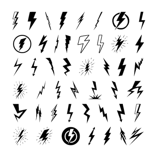 Zestaw ikon błyskawicy błyskawicy lub znak ładowania energii i symbol energii elektrycznej pioruna