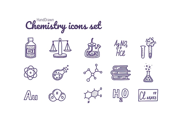 Zestaw Ikon Chemii Ręcznie Rysowane Piktogramy Chemiczne Probówki Reakcje Atom I Inne Przedmioty