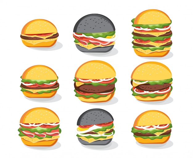 Zestaw Ikon Chleb Burger Kanapka Bułka, Menu Fast Food. Hamburger, Cheeseburger, Wołowina. Ilustracja