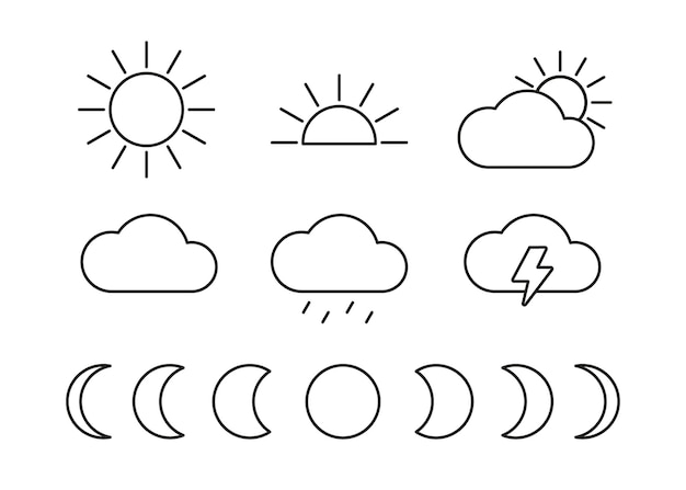 Zestaw ikon chmury słonecznej i księżycowej Środowisko słońce chmura grzmot wektorowy znak konturowy