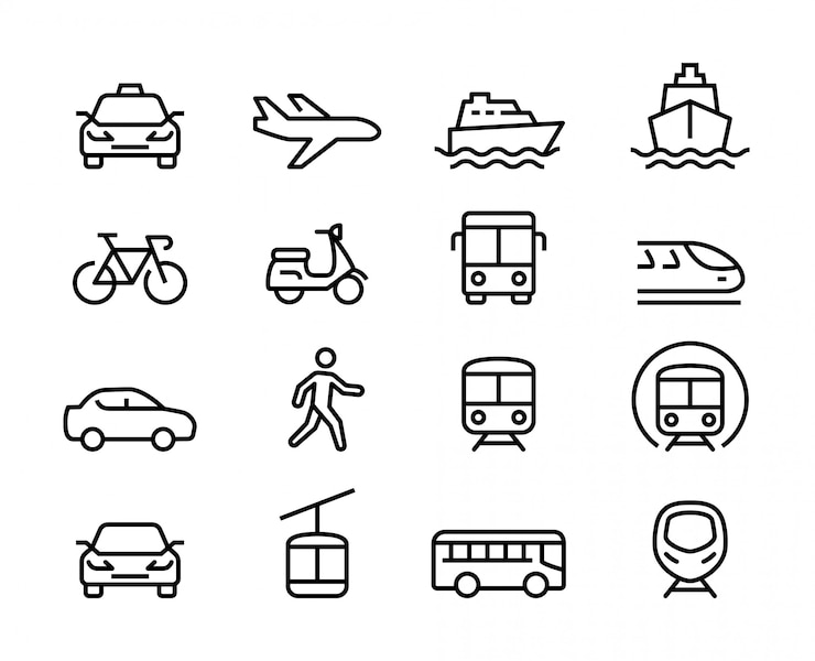 Wektor zestaw ikon cienka linia transportu publicznego