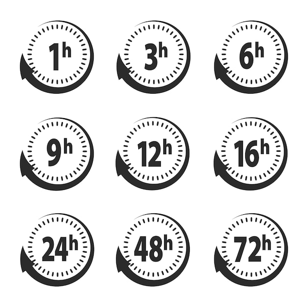 Plik wektorowy zestaw ikon czasu dostawy zegar strzałka 1 3 6 9 12 16 24 48 72 godziny do projektowania