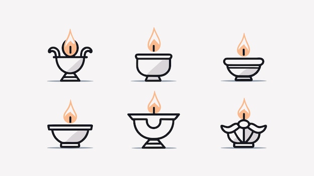 Zestaw ikon Diwali Diya na zwykłym tle Pojedyncza grafika liniowa