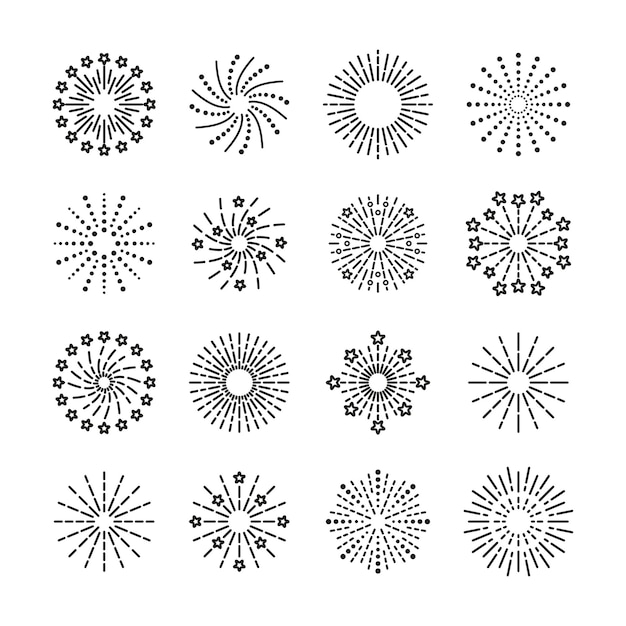 Zestaw ikon fajerwerków Szczęśliwego nowego roku błyszczący symbol Burst stars iskry i salut Liniowy blask eksplozji