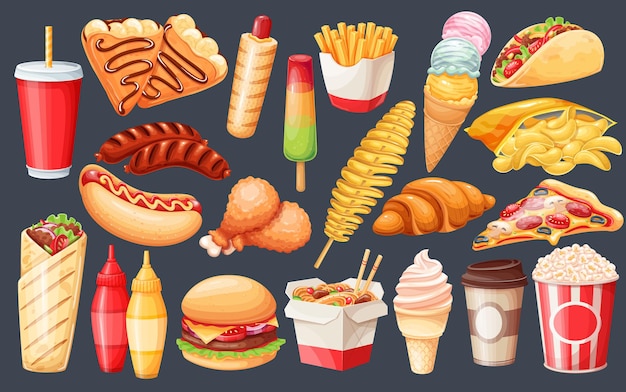Zestaw ikon fast food. Ziemniaki Tornado, naleśniki, hamburgery, makaron z woka, hot dog, shawarma, pizza, ice pop i inne do projektowania kawiarni na wynos. Ilustracja wektorowa jedzenie uliczne.