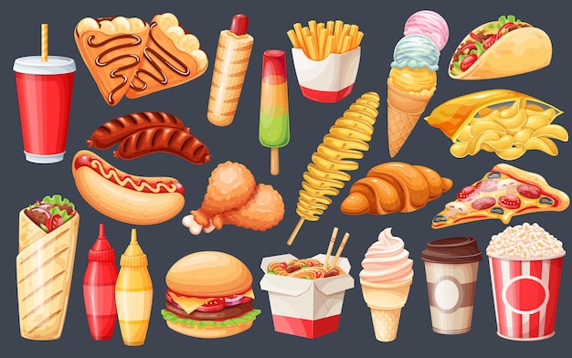 Zestaw Ikon Fast Food. Ziemniaki Tornado, Naleśniki, Hamburgery, Makaron Z Woka, Hot Dog, Shawarma, Pizza, Ice Pop I Inne Do Projektowania Kawiarni Na Wynos. Ilustracja Wektorowa Jedzenie Uliczne.