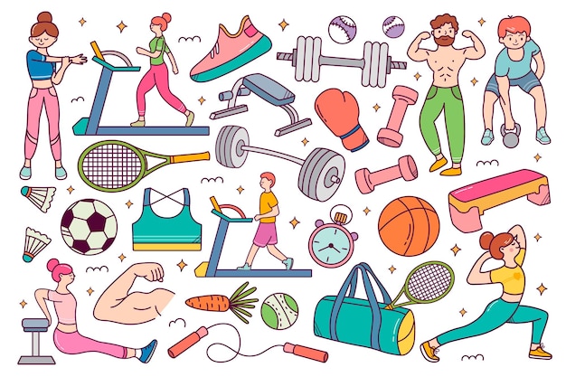 Zestaw Ikon Fitness Sport Doodle Z Ubraniami Do Butelek Z Wyposażeniem I Elementami Siłowni