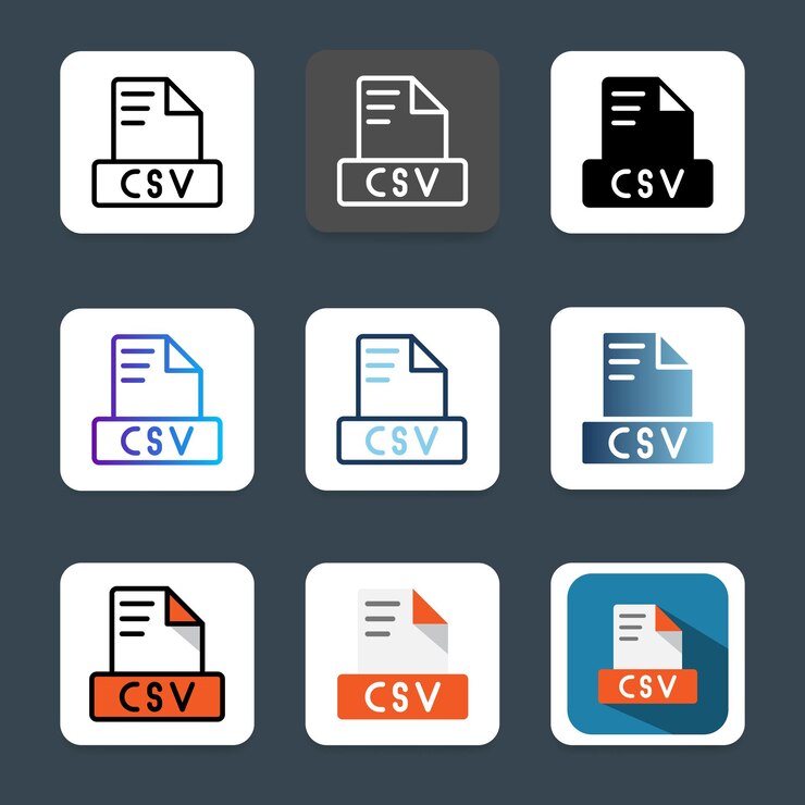 Wektor zestaw ikon formatu pliku csv dla różnych typów dokumentów, rozszerzeń, typów plików i arkuszy kalkulacyjnych