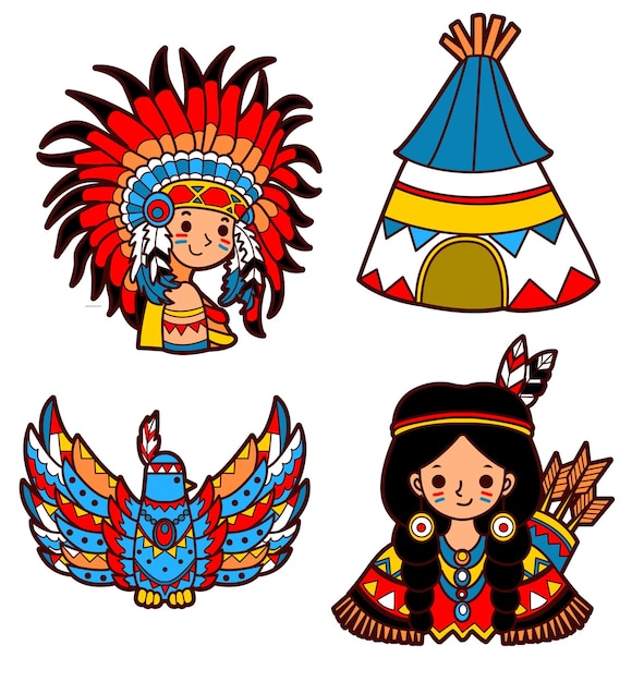 Zestaw Ikon Indiańskiej Populacji Rdzennych Amerykanów