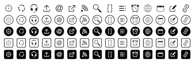 Zestaw ikon internetowych Cel słuchawki strzała e-mail internet wifi szkło powiększające nawiasy menu globus