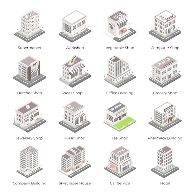 Zestaw ikon izometryczny architektur komercyjnych