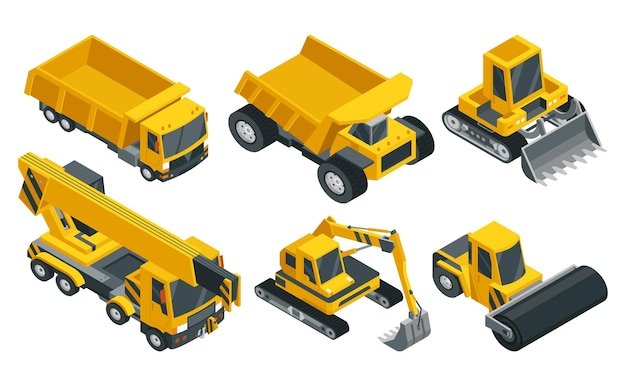 Zestaw ikon izometrycznych maszyn budowlanych Transport ciężki Symbole reprezentujące ciężki przemysł górniczy lub drogowy Transport karierowy i budowlany Ilustracja wektorowa