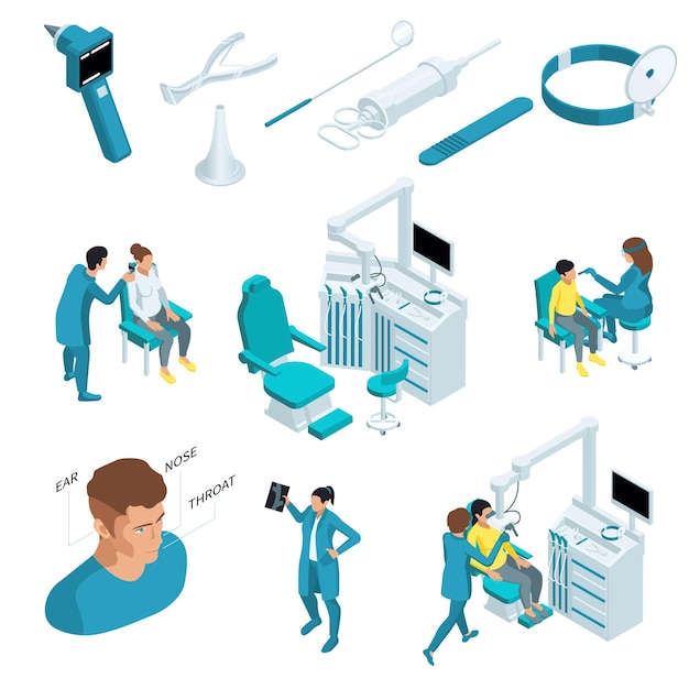 Plik wektorowy zestaw ikon izometrycznych otolaryngologii z narzędziami medycznymi, narzędziami, stojakami i ilustracją wektorów lekarzy