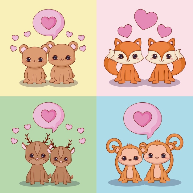 Plik wektorowy zestaw ikon kawaii w miłości para zwierząt
