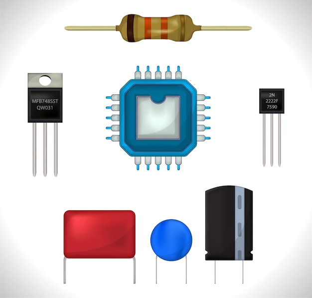 Plik wektorowy zestaw ikon komponentów elektronicznych, realistyczny zestaw kreskówek rezystora, układu scalonego, tranzystora, kondensatora.