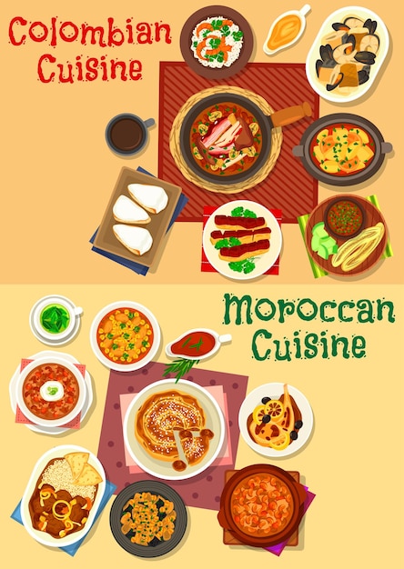 Plik wektorowy zestaw ikon kuchni kolumbijskiej i marokańskiej