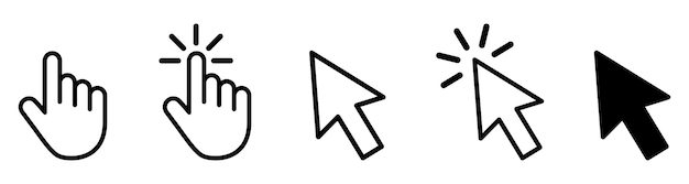 Zestaw ikon kursora ręki i myszy w różnych stylach Obejmuje symbole gestów kliknięcia i wskaźnika w konturze i solidnym projekcie Ilustracja wektorowa izolowana