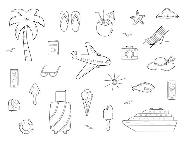 Zestaw ikon letnich podróży w stylu doodle Ilustracja wektorowa elementów turystyki