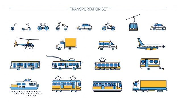 Plik wektorowy zestaw ikon lineart z transportem naziemnym, lotniczym i wodnym na białym tle. kolekcja zawierająca rower, autobus, wózek, metro, pociąg, samochód, samolot, skuter, kolejkę linową, tramwaj, samolot, łódź.