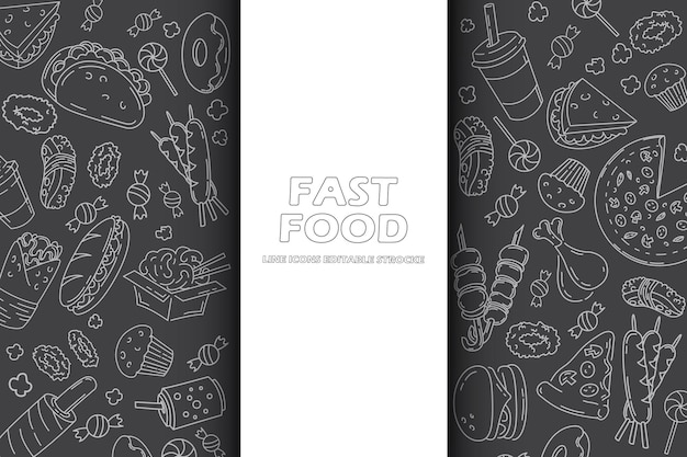 Zestaw Ikon Linii Fast Food Doodles Na Czarnym Menu Lub Projektowaniu Opakowań żywności Ilustracja Wektorowa Edytowalne Strocke