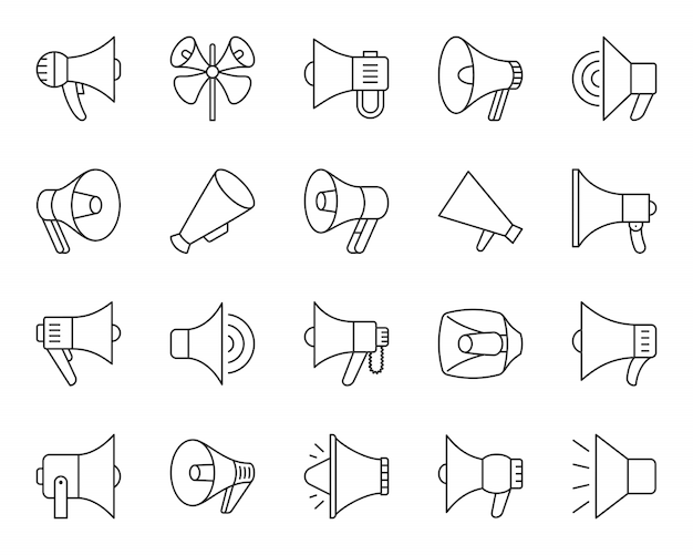Plik wektorowy zestaw ikon linii megafon, znak głośników, marketing, promocja towarów, prosty czarny symbol bullhorn