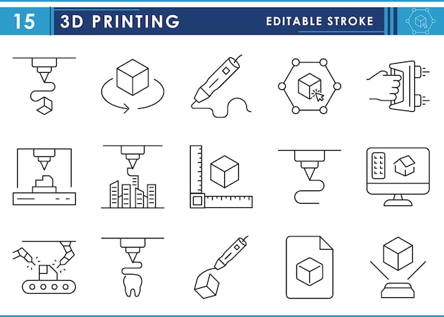 Zestaw ikon linii związanych z drukowaniem 3D drukowanie 3D nowoczesna infrastruktura produkcyjna przemysłowa itp.