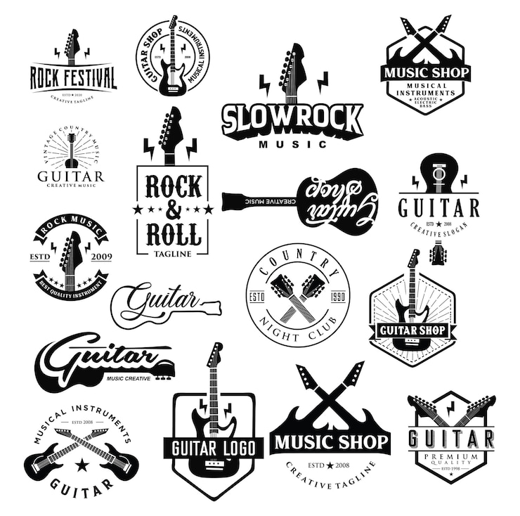 Wektor zestaw ikon logo sklepu gitarowego czarno silhouoette muzyki rockowej