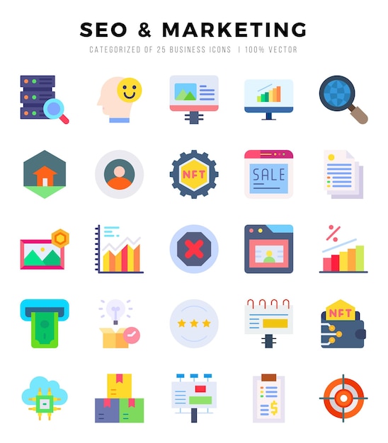 Zestaw ikon marketingowych SEO Kolekcja płaskich ikon