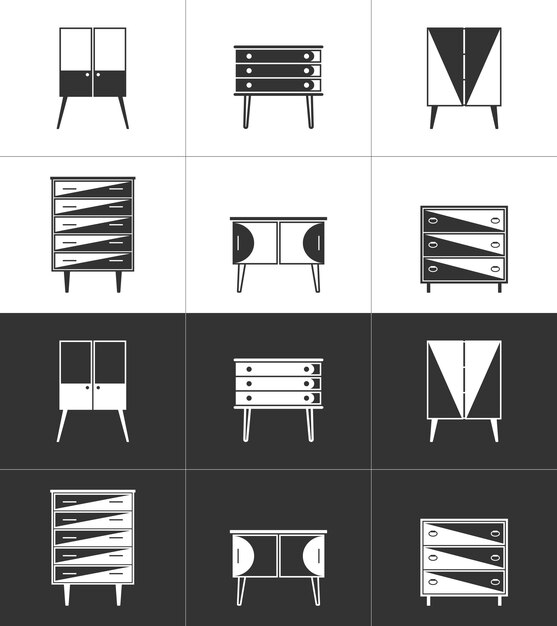 Plik wektorowy zestaw ikon mebli skomory stoliki nocne ikony wektorowe czarno-białe
