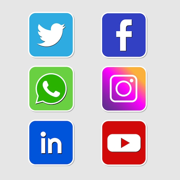 Zestaw ikon mediów społecznościowych Facebook, Twitter, Instagram, Whats app, Youtube i linkedin