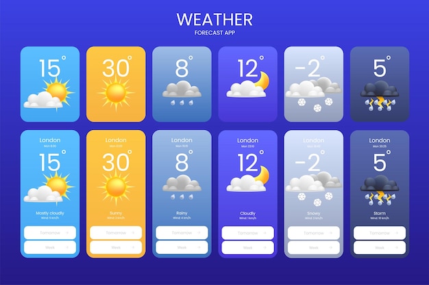 Zestaw ikon meteorologicznych kreskówek 3d deszczu, burzy, pochmurno, jasne Nadaje się do aplikacji pogodowej