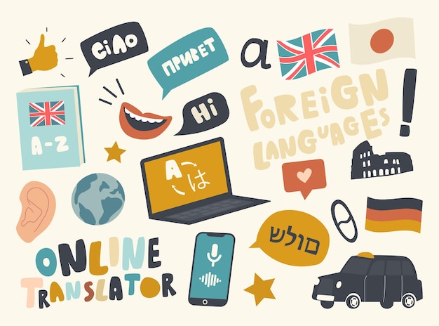 Plik wektorowy zestaw ikon motywu usługi tłumaczenia języka obcego