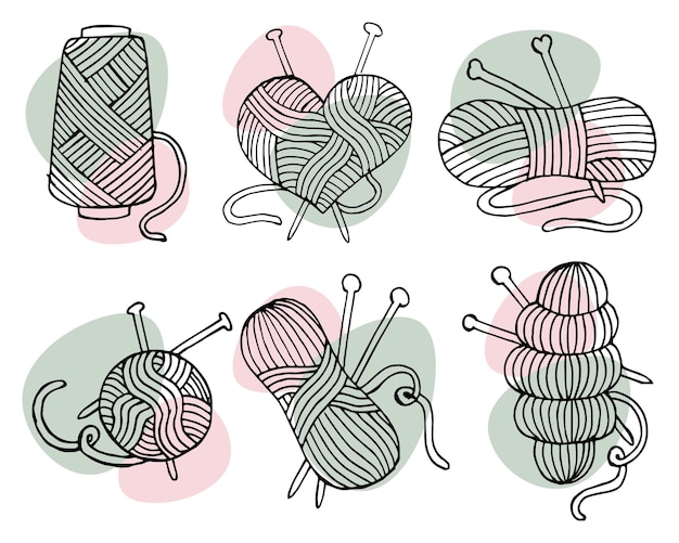 Plik wektorowy zestaw ikon na temat dziania narysowanych motek kulek nici i igieł do robienia na drutach