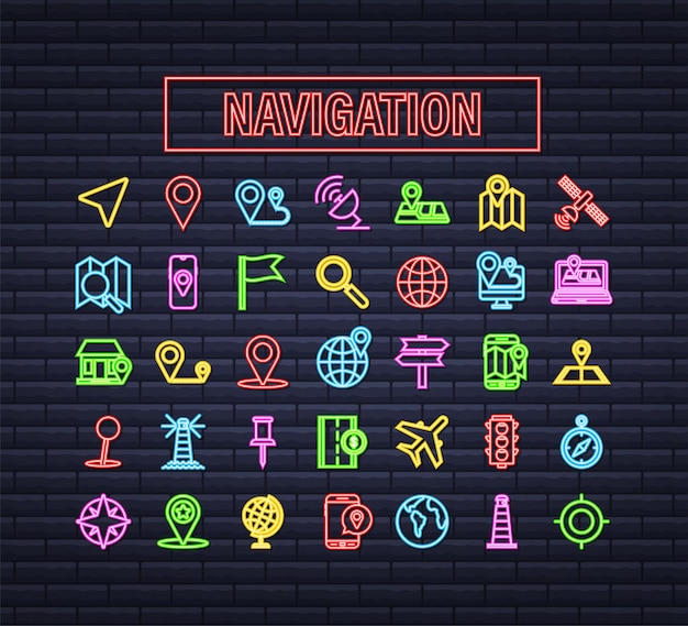 Zestaw Ikon Neon Nawigacji I Mapy. Czas Ilustracja Wektorowa.