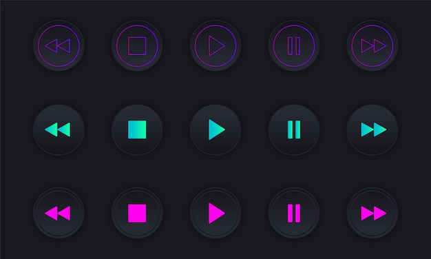 Zestaw Ikon Odtwarzacza Multimedialnego. Ciemne Kolorowe Przyciski Do Sterowania Odtwarzaczem Audio Lub Wideo.