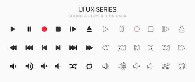 Zestaw Ikon Odtwarzacza Multimedialnego. Multimedialne Sterowanie Dźwiękiem Muzyki. Odtwarzaj, Wstrzymuj, Pomijaj, Zatrzymuj Ikony.