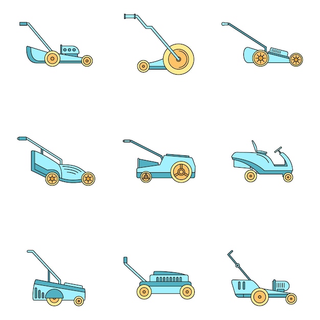 Plik wektorowy zestaw ikon ogrodu z kosiarką do trawy ilustracja przeglądowa 9 ikon wektorowych ogrodu kosiarki do trawy