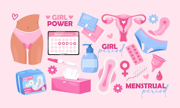 Zestaw Ikon Okresu Menstruacyjnego Z Przedmiotami Higieny Kobiecej Itp.