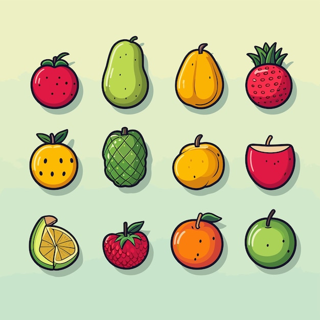 Zestaw Ikon Owoców Z Różnych Kolorowych Owoców Kreskówkowych