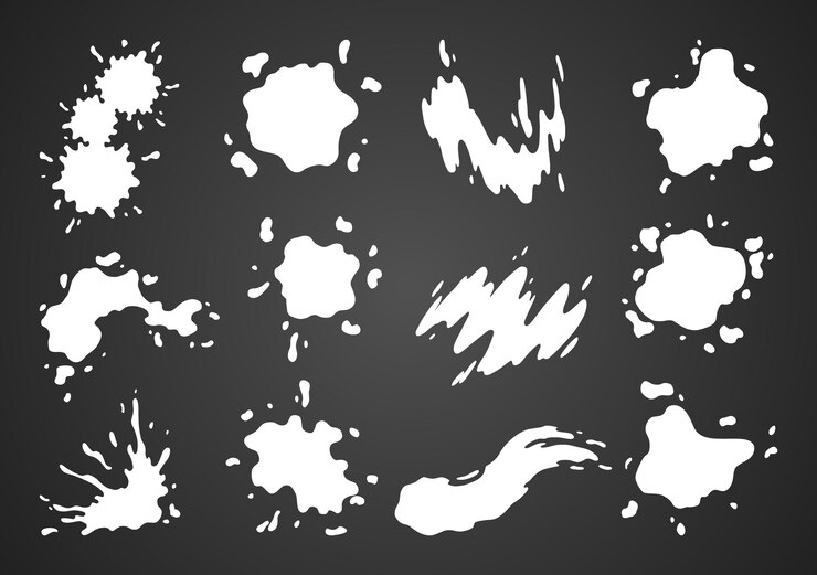 Wektor zestaw ikon paint blot splashes zestaw do użytku projektowego kolorowa kolekcja kształtów grunge brudne plamy i sylwetki białe plamy atramentu na ciemnym tle