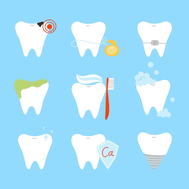 Zestaw Ikon Płaskich Zębów Kolekcja Ilustracji Wektorowych Zębów Chory Ząb Czysty Wapń Zęba