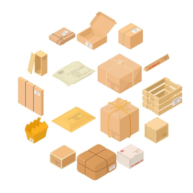 Plik wektorowy zestaw ikon pudełek paczkowych, styl izometryczny