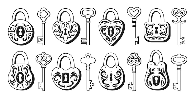 Plik wektorowy zestaw ikon retro kreskówka kłódka i klucz starej kłódki bezpieczeństwo ochrona ochrona vintage element projektu