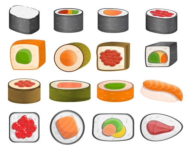 Zestaw ikon roll sushi, stylu cartoon
