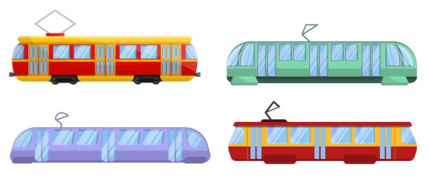 Zestaw ikon samochodów tramwajowych, stylu cartoon